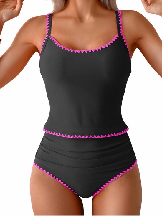 Eomenie Other - Black & Pink Trim High-Waist Tankini Bikini - Women's Swim